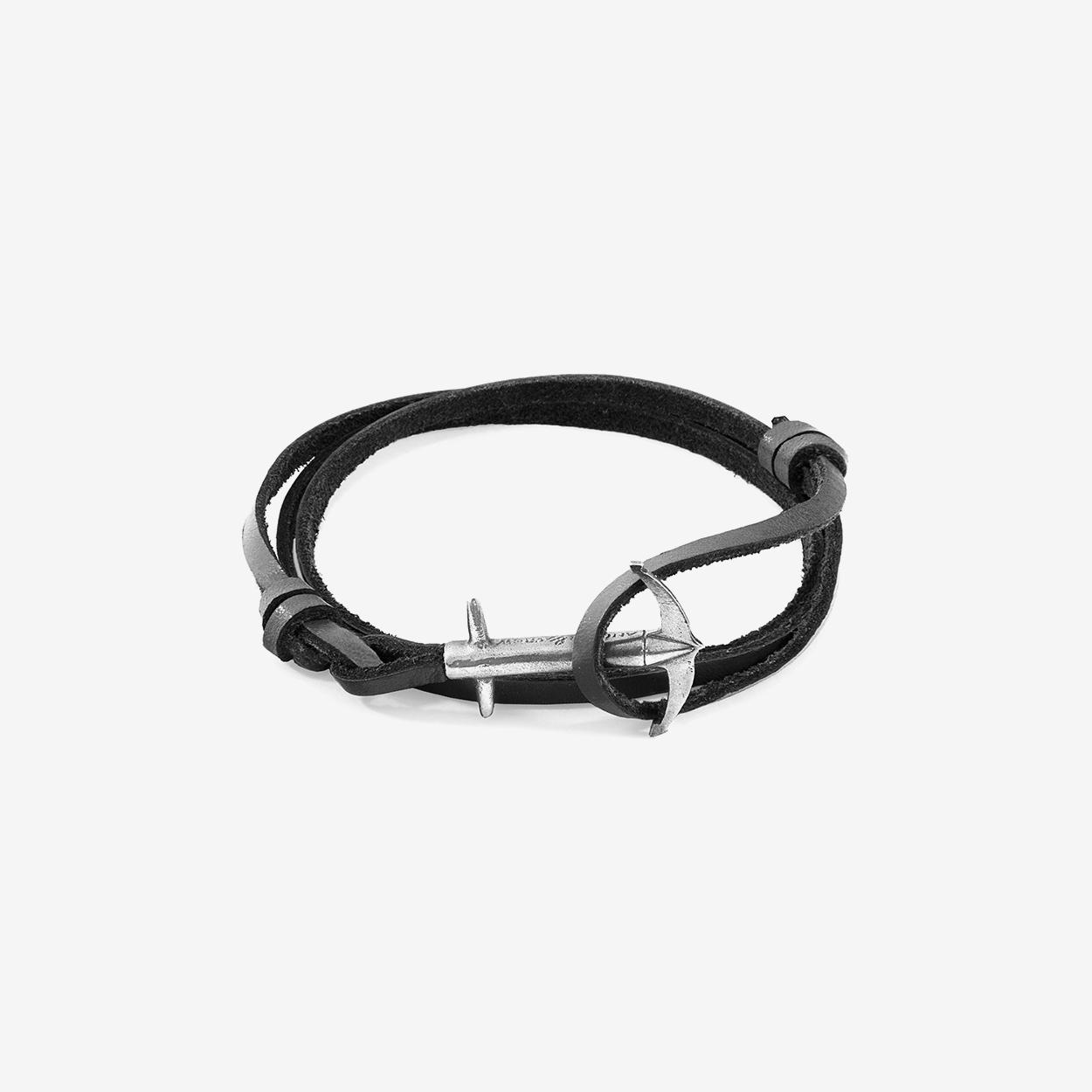 Coal Black Admiral Anchor Silver and Flat Leather Bracelet by Anchor & Crew