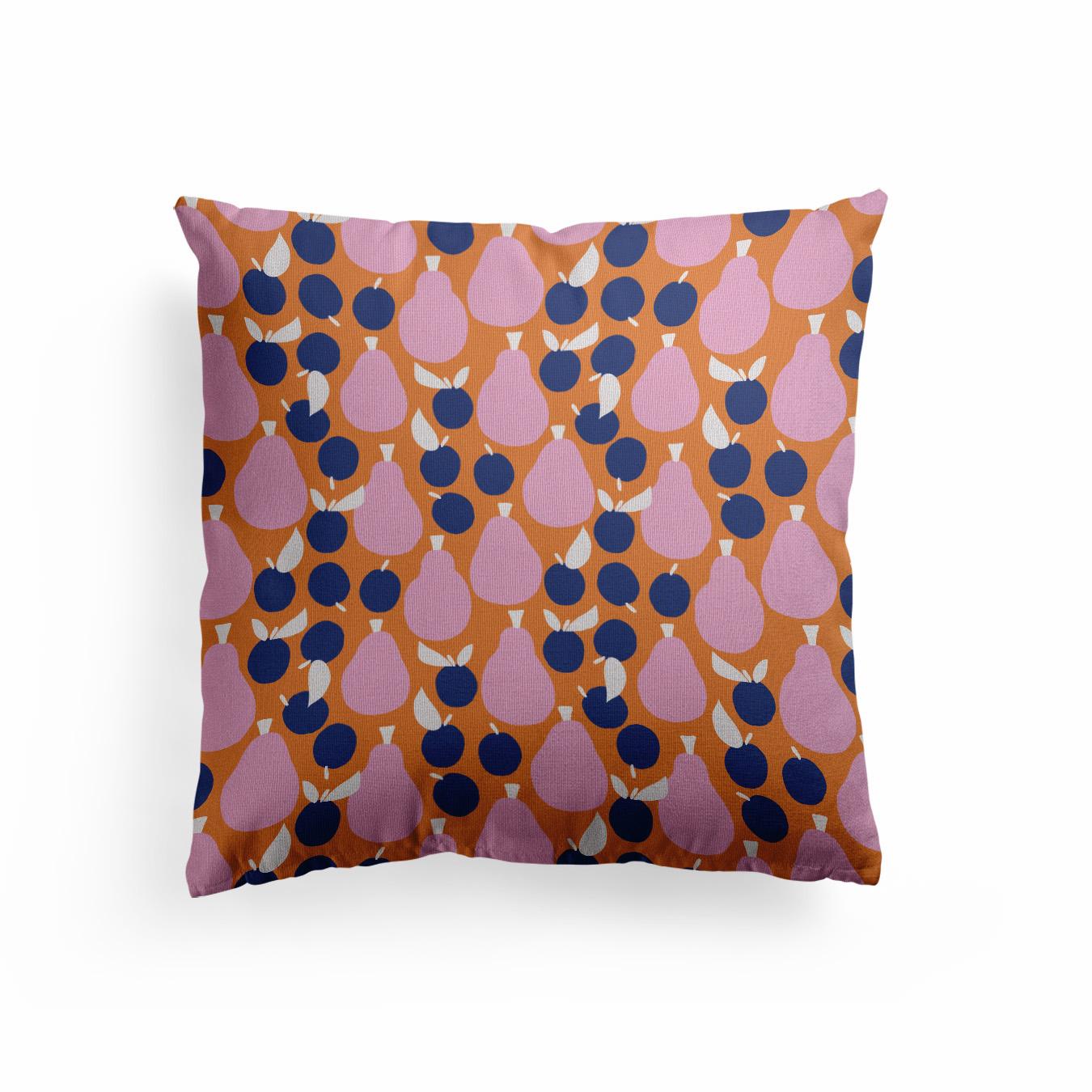 Pears And Plums On Orange Canvas Cojín