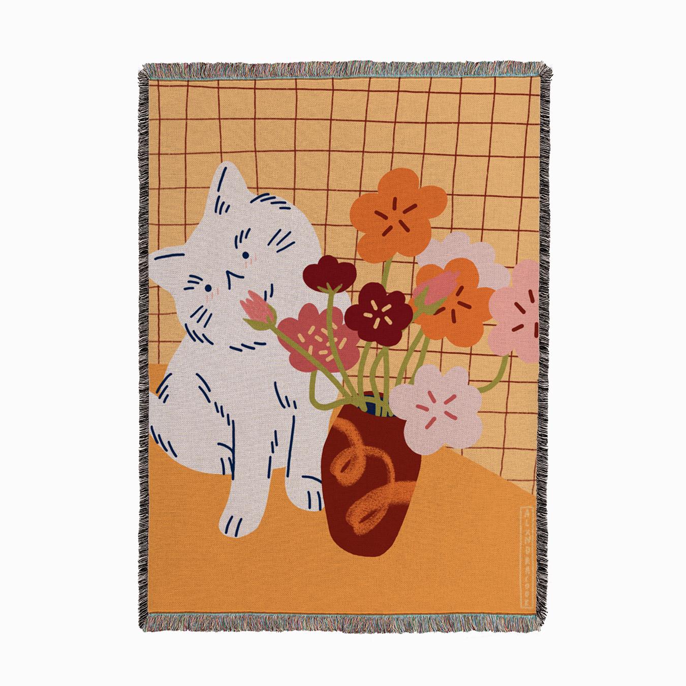 Cat With Flowers Woven Throw by ALXNDRA Textiles