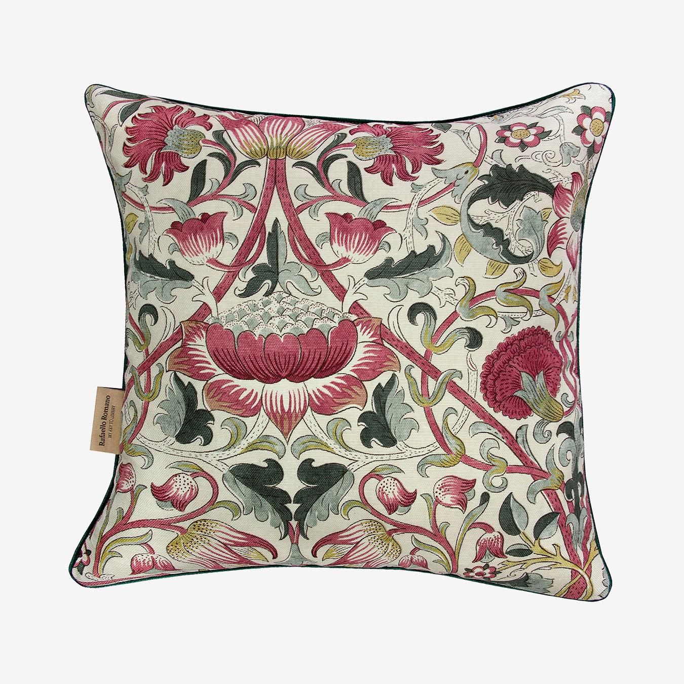 Maroon Flora Cushion Cover - White - 100% Linen