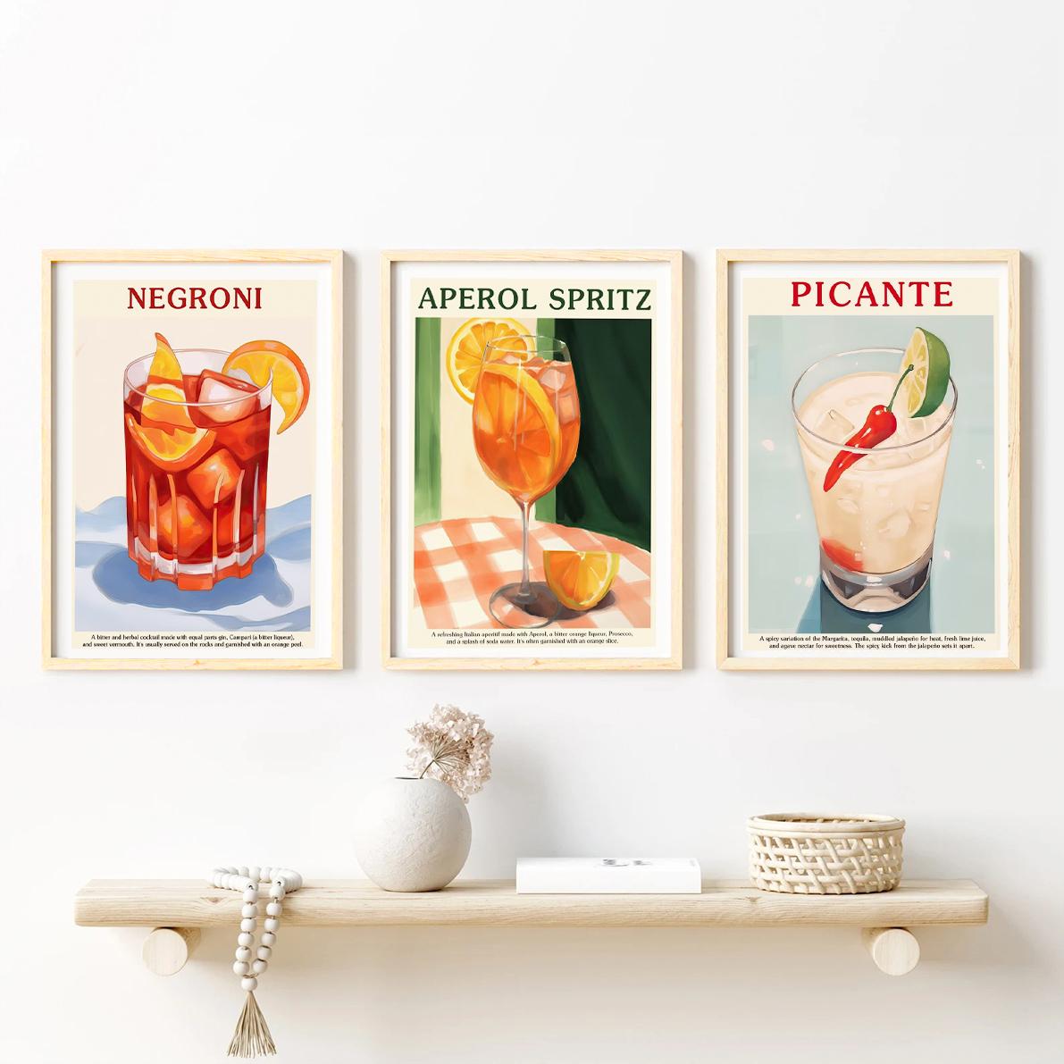 Set of 3 Cocktail Art Aperol Negroni Picante - Oak Framed Art by Fy! Gallery Walls