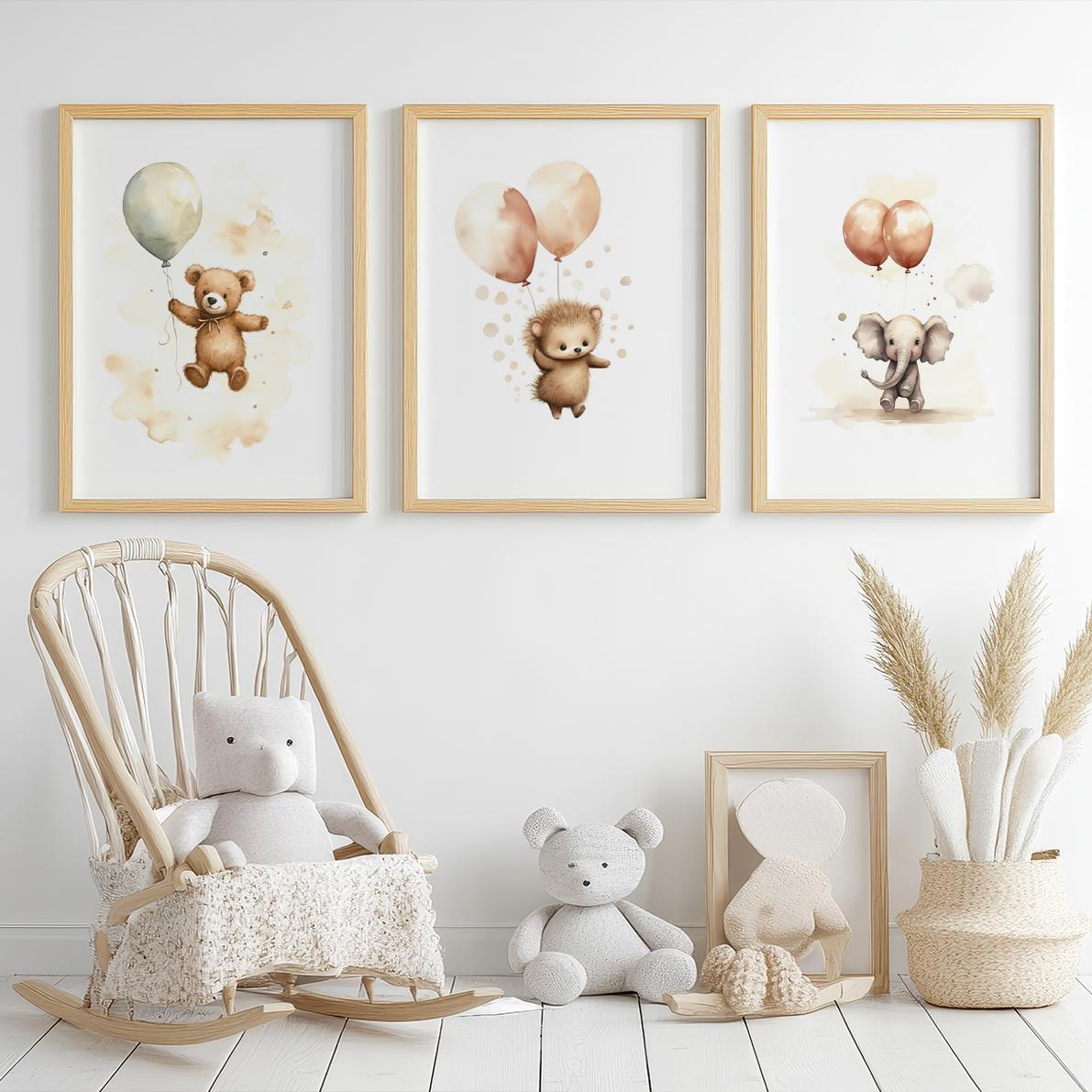Set of 3 Nursery Art Animals with Balloons Watercolour - Oak Framed Art by Fy! Gallery Walls