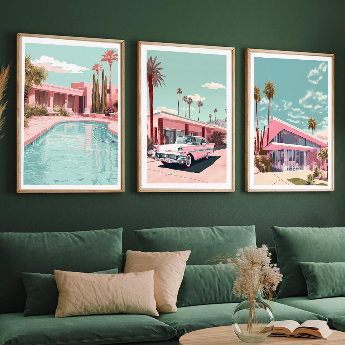 Set of 3 Travel Art Retro Kitsch Miami and Palm Springs Oak Framed Art by Fy! Gallery Walls