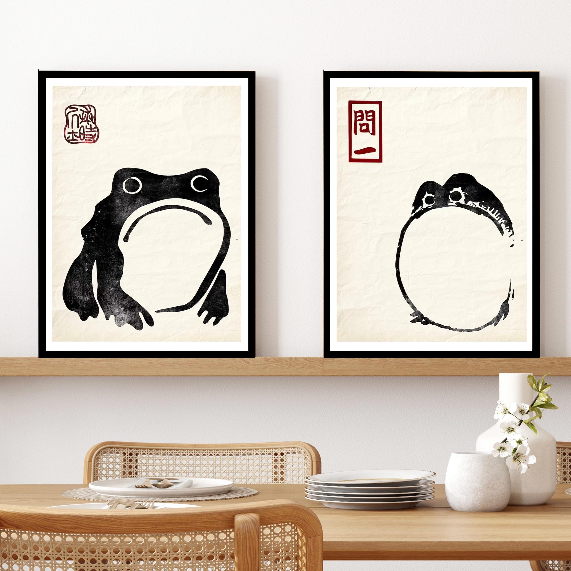 Set of 2 Frog Matsumoto Hoji Inspired Frog On Vintage Paper Japanese - Black Framed Art by Fy! Gallery Walls