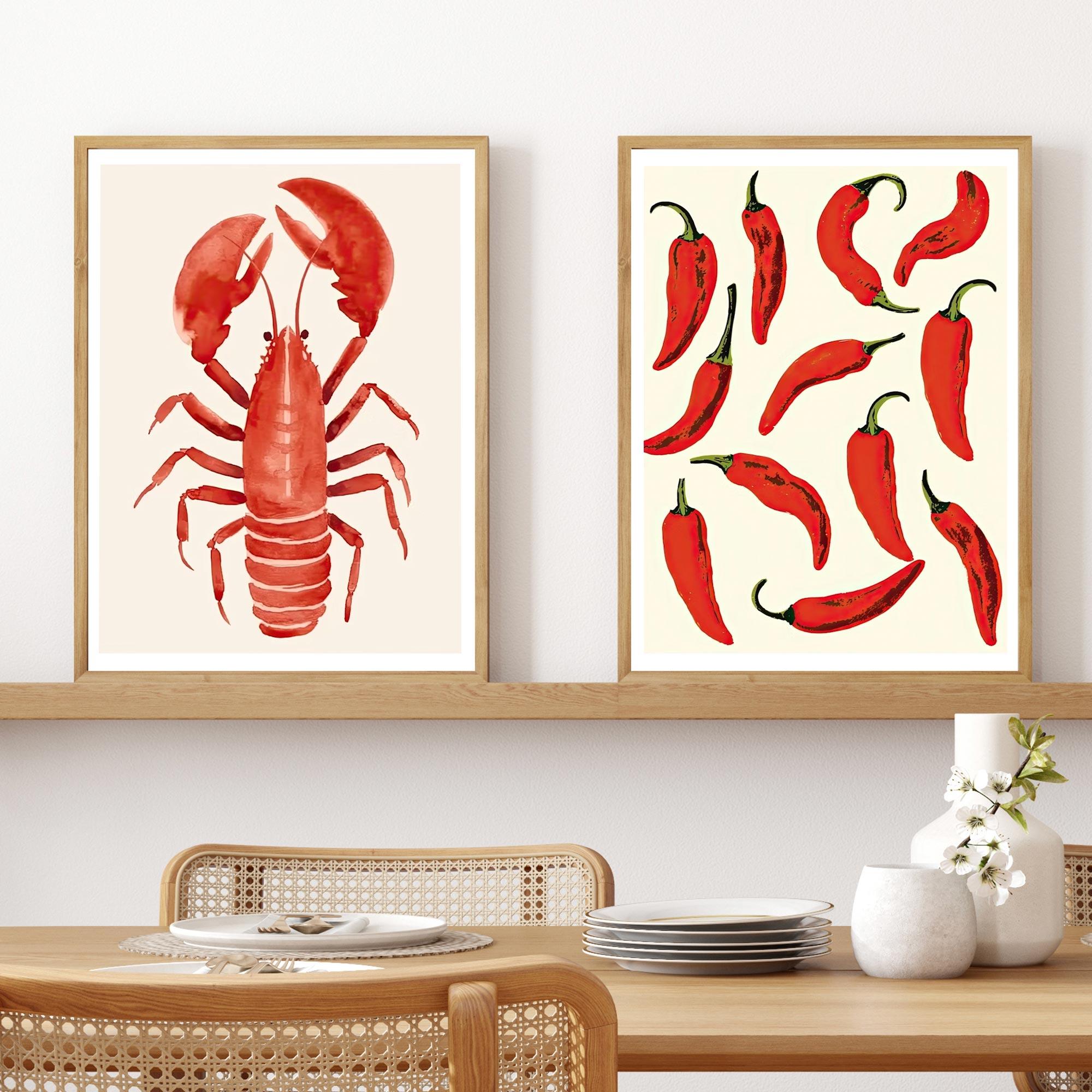 Set of 2 Food Kitchen Art Lobster Chili Peppers - Oak Framed Art by Fy! Gallery Walls
