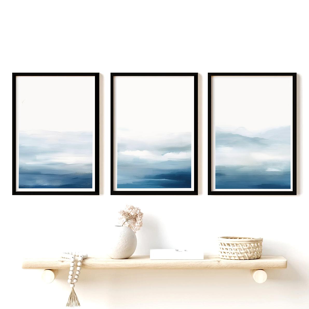 Set of 3 Watercolour Blue White Abstract Water Painting - Black Framed Art by Fy! Gallery Walls