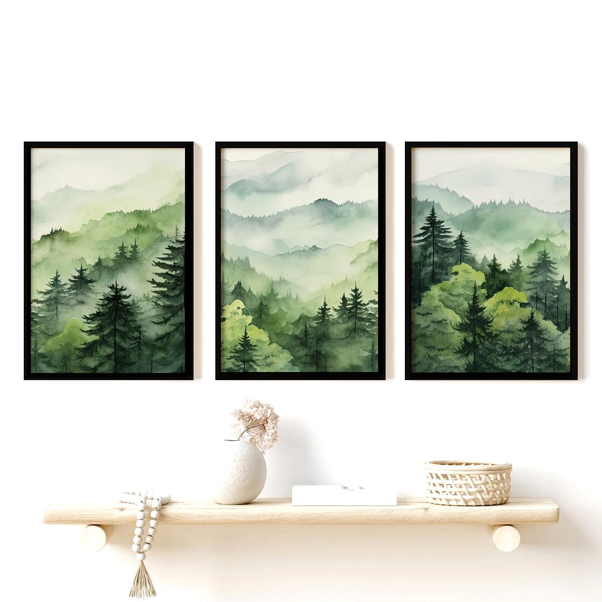 Set of 3 Green Forest Nature Scenery Watercolour - Black Framed Art by Fy! Gallery Walls