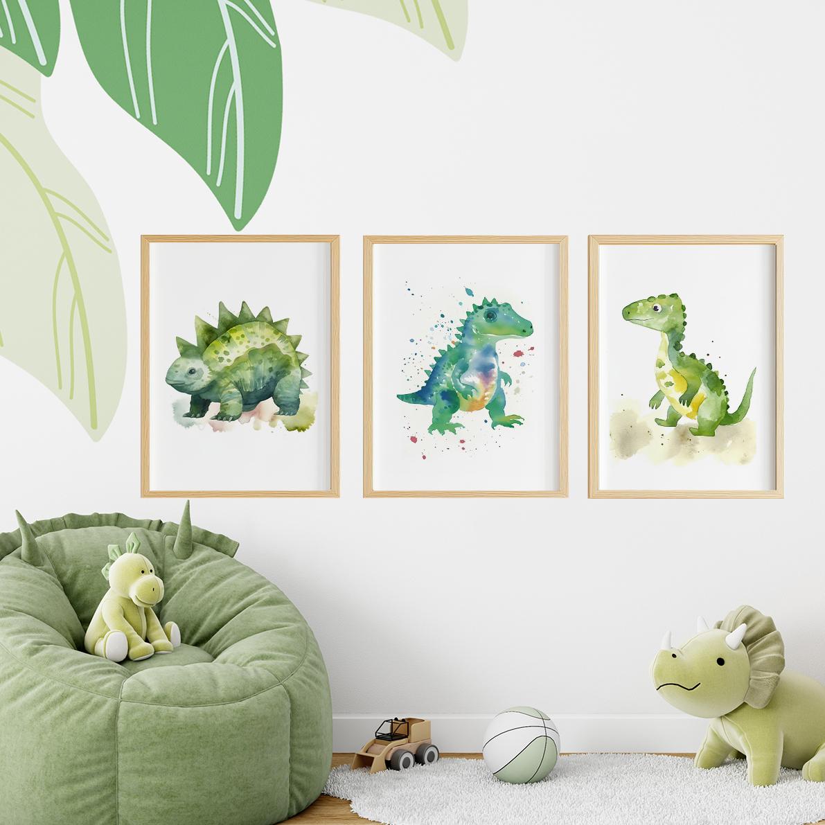Set of 3 Dinosaurs Watercolour Kids - Oak Framed Art by Fy! Gallery Walls