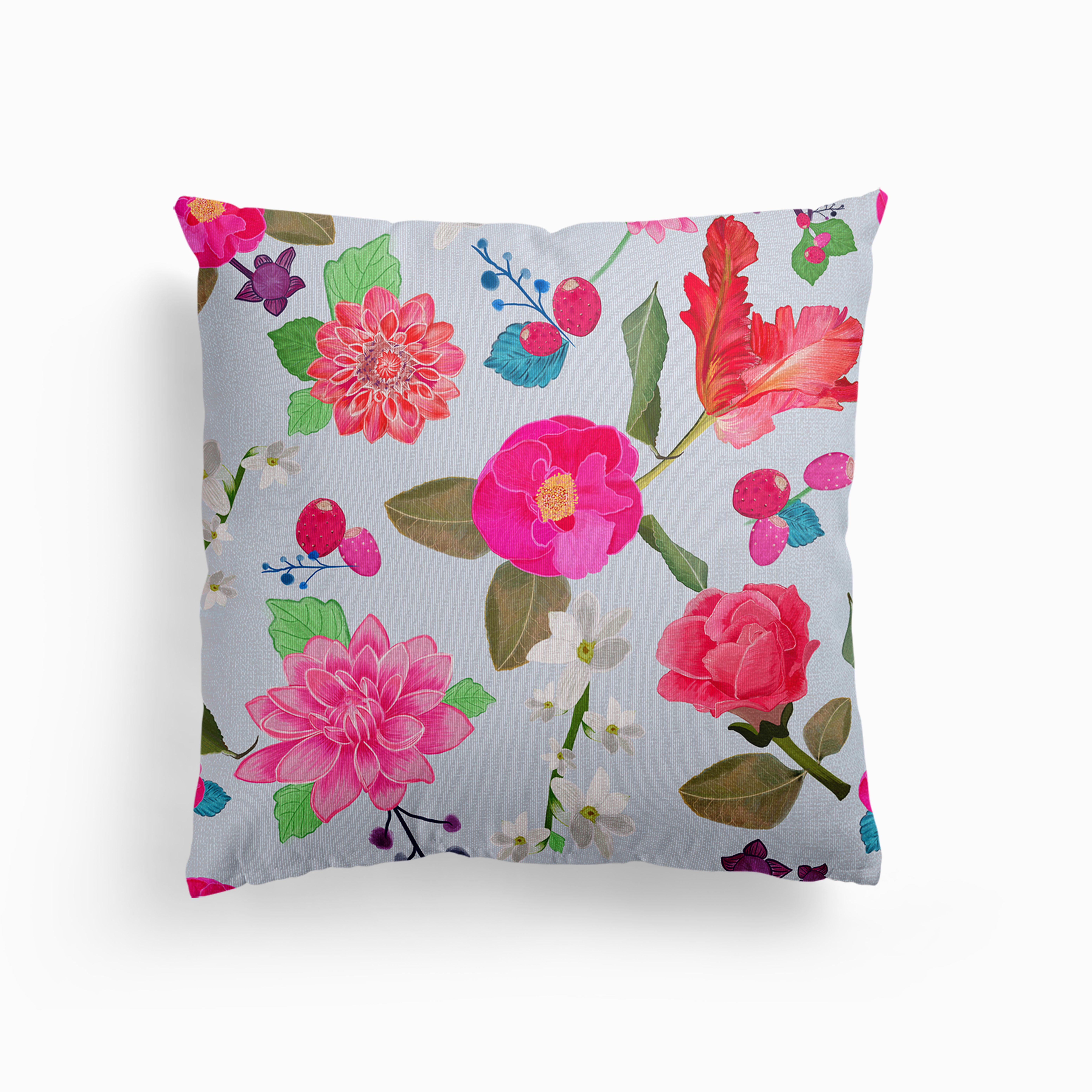 Hand Drawn Beautiful Summer Flowers Colorful Pattern Blue Canvas Cuscino