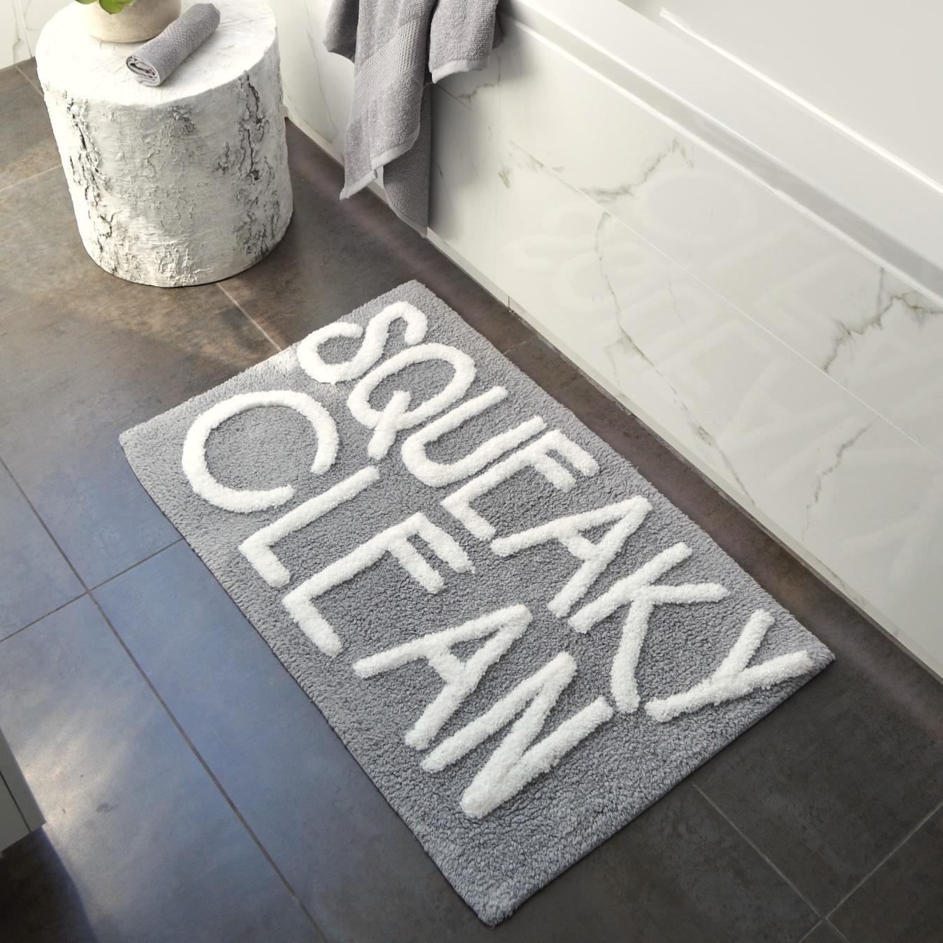Squeaky Clean Slogan Bath Mat Non Slip - Hand Tufted Rug by Allure Bath Fashions