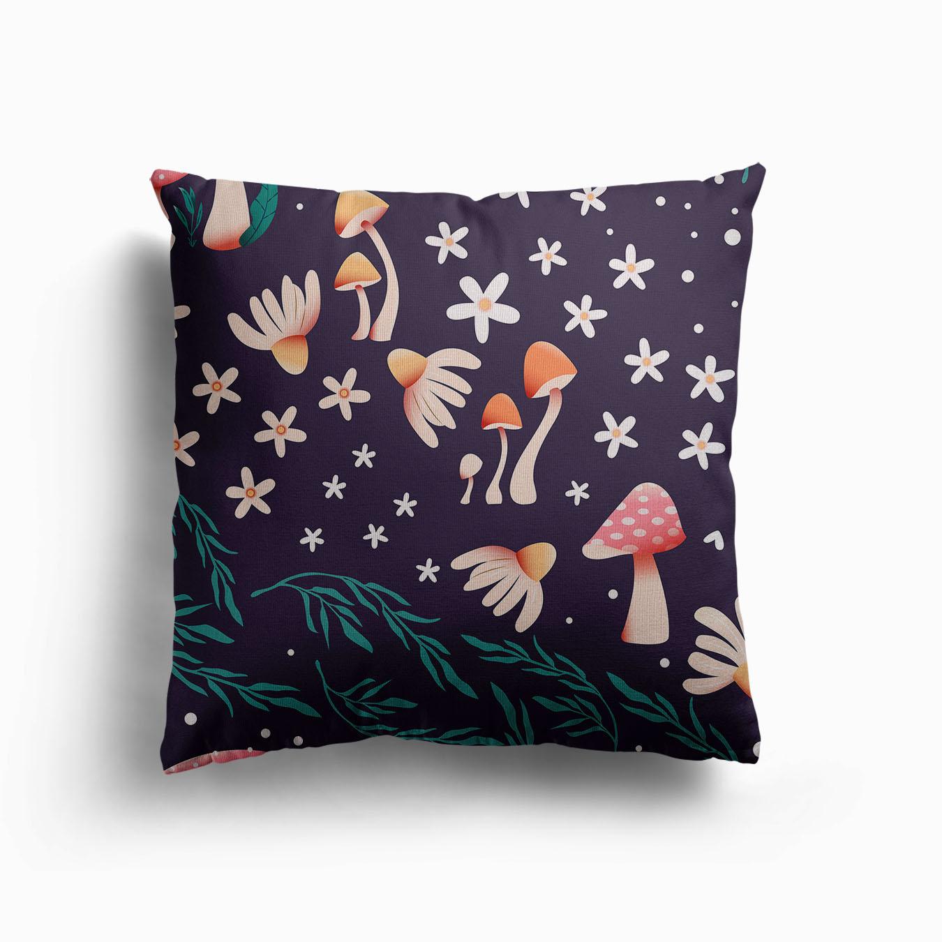 Mushroom Pattern On Purple With Florals Canvas Kissen