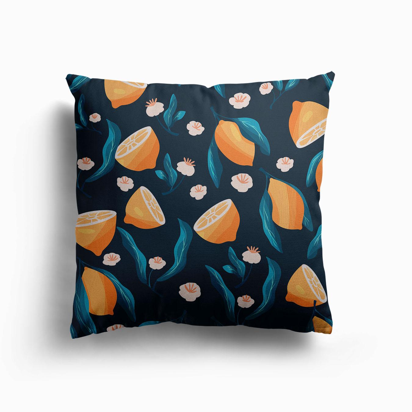 Night Lemon Pattern On Dark Blue Canvas Cojín