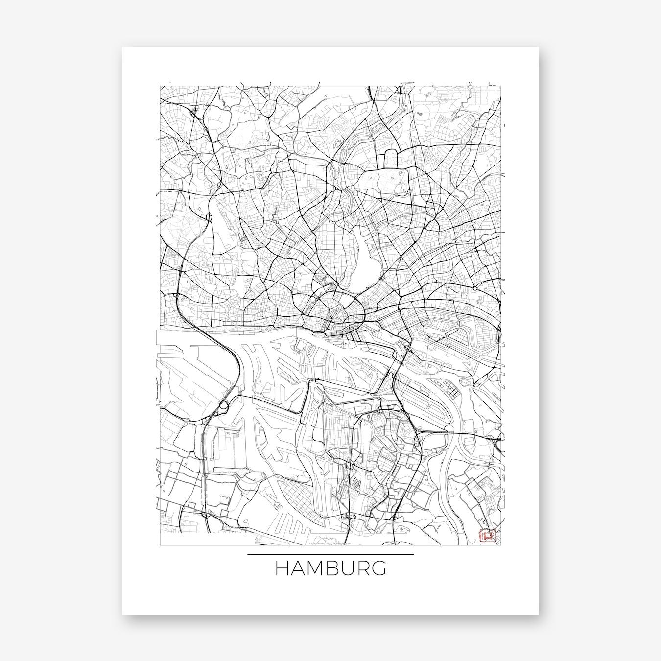 Hamburg Map Minimal Line Art Print by City Art Posters