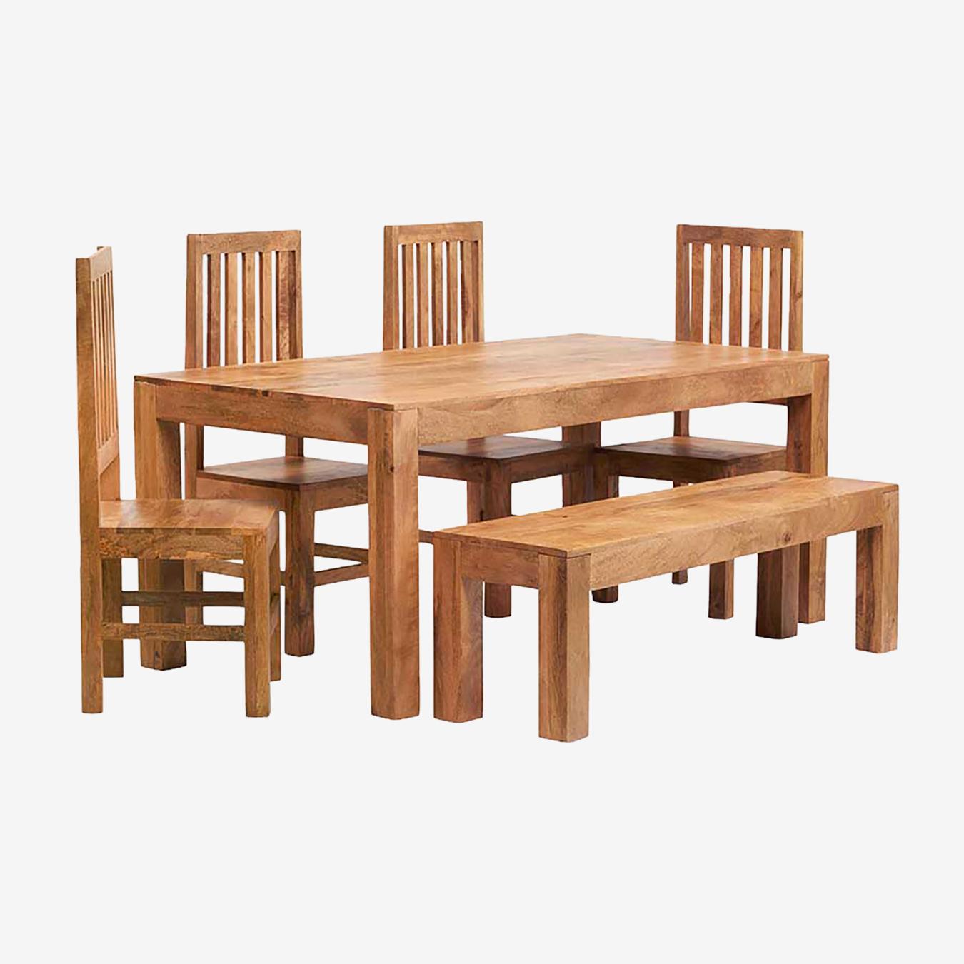 Dakota Light Mango Dining Table Set with Bench & 4 Slatted Chairs by Indian Hub
