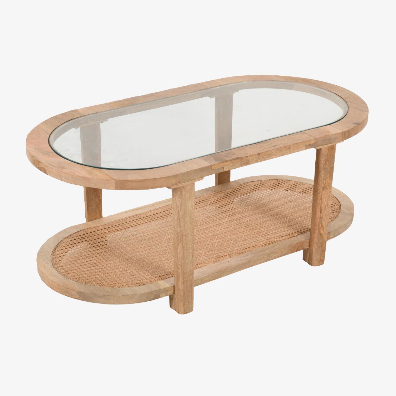 Natural Coffee Table With Glass Top - Solid Mango Wood by Indian Hub