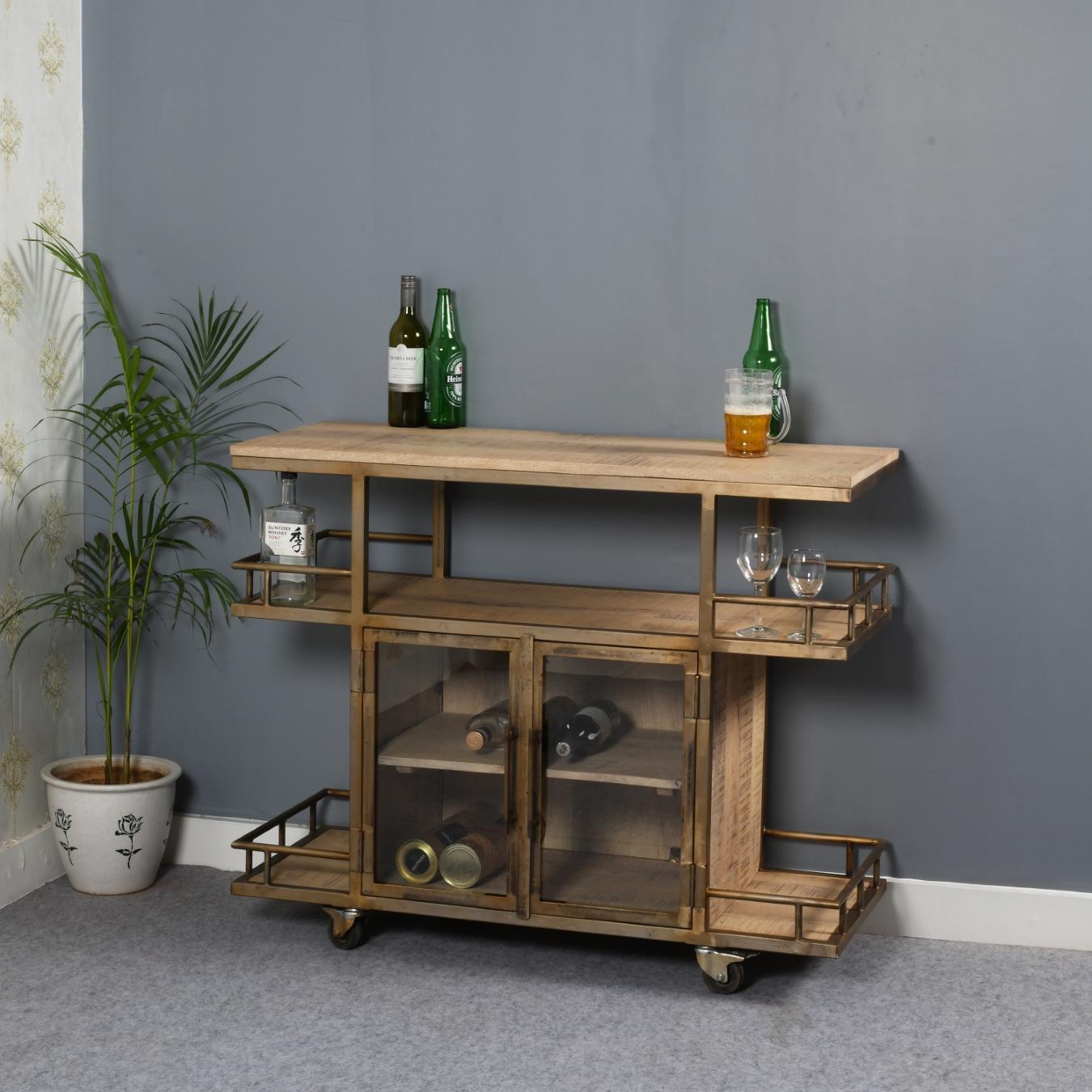 Natural Wood And Metal Bar Cart / Wine Trolley With Double Door Storage by Indian Hub