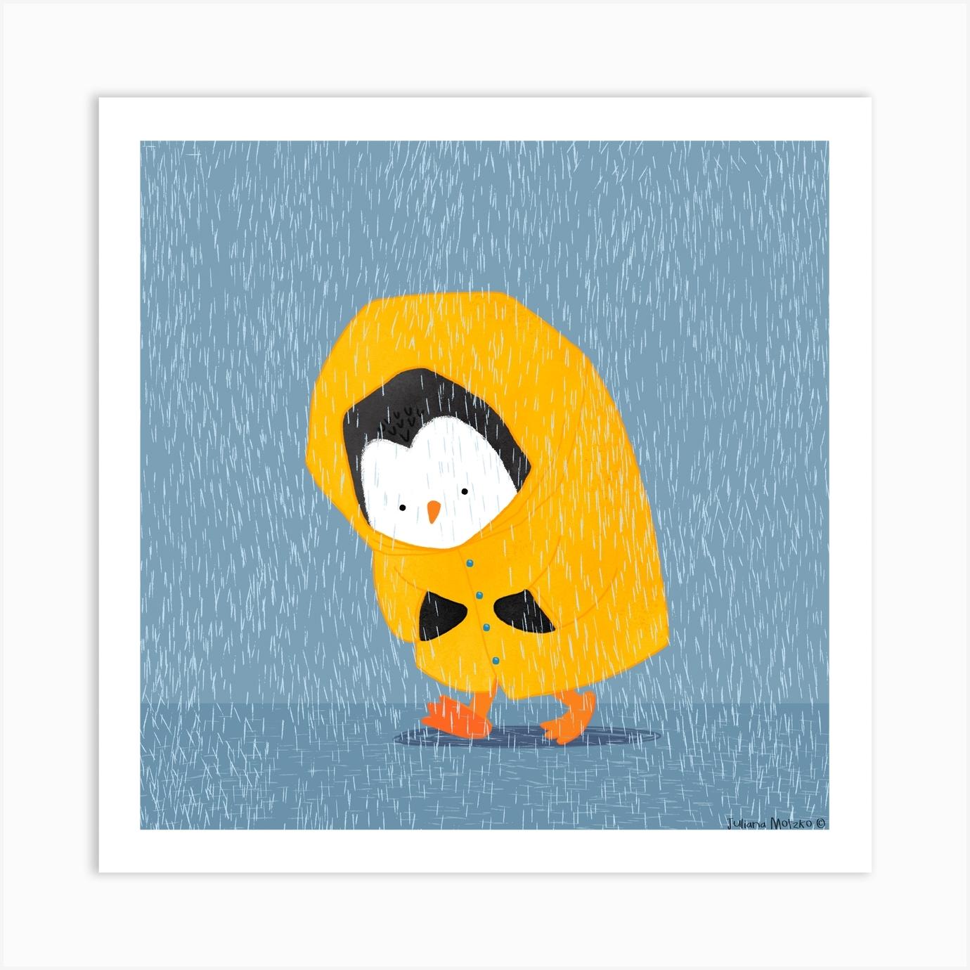 Penguin In A Raincoat Art Print by Juliana Motzko