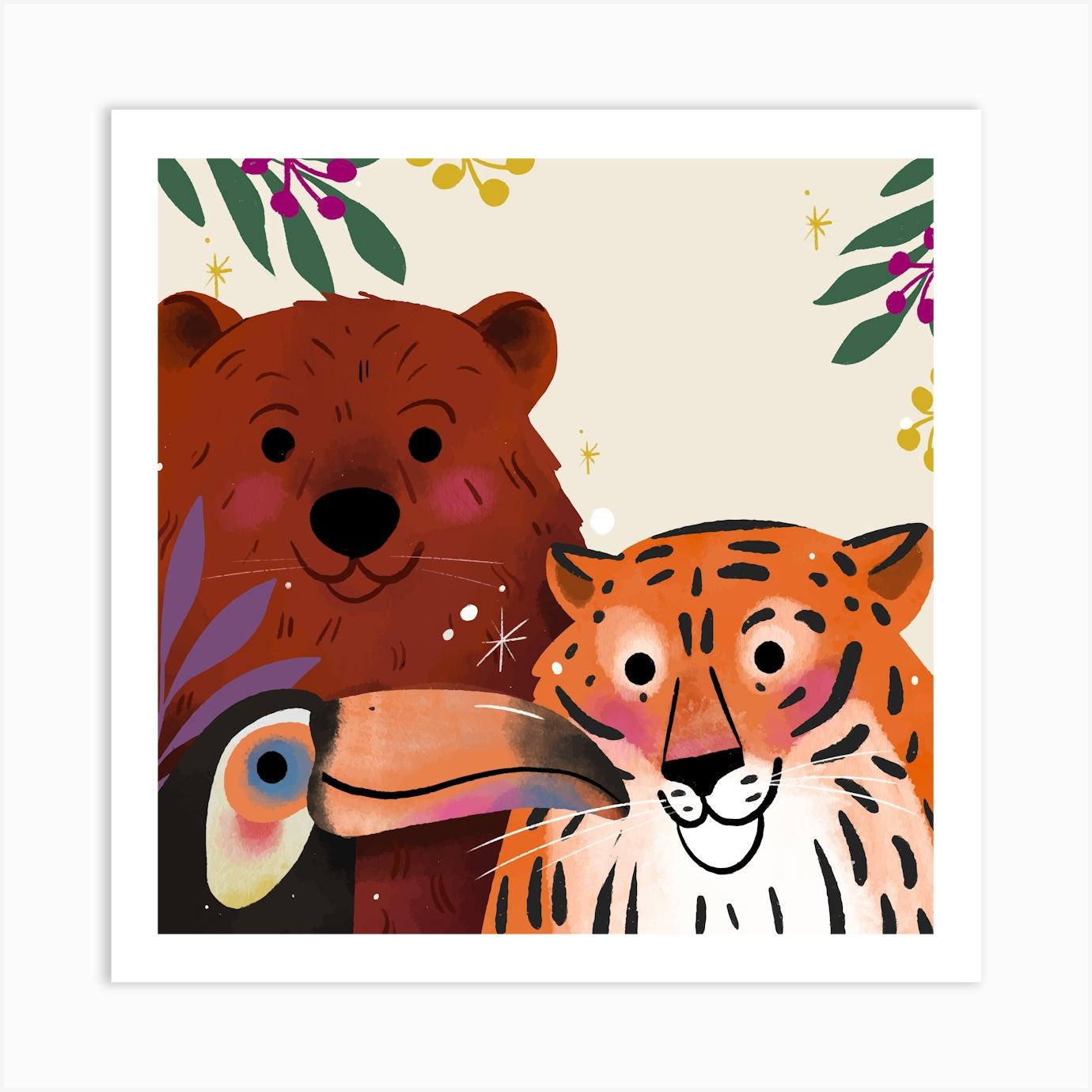 Tiger, Bear And Toucan Art Print by Kitty Strand