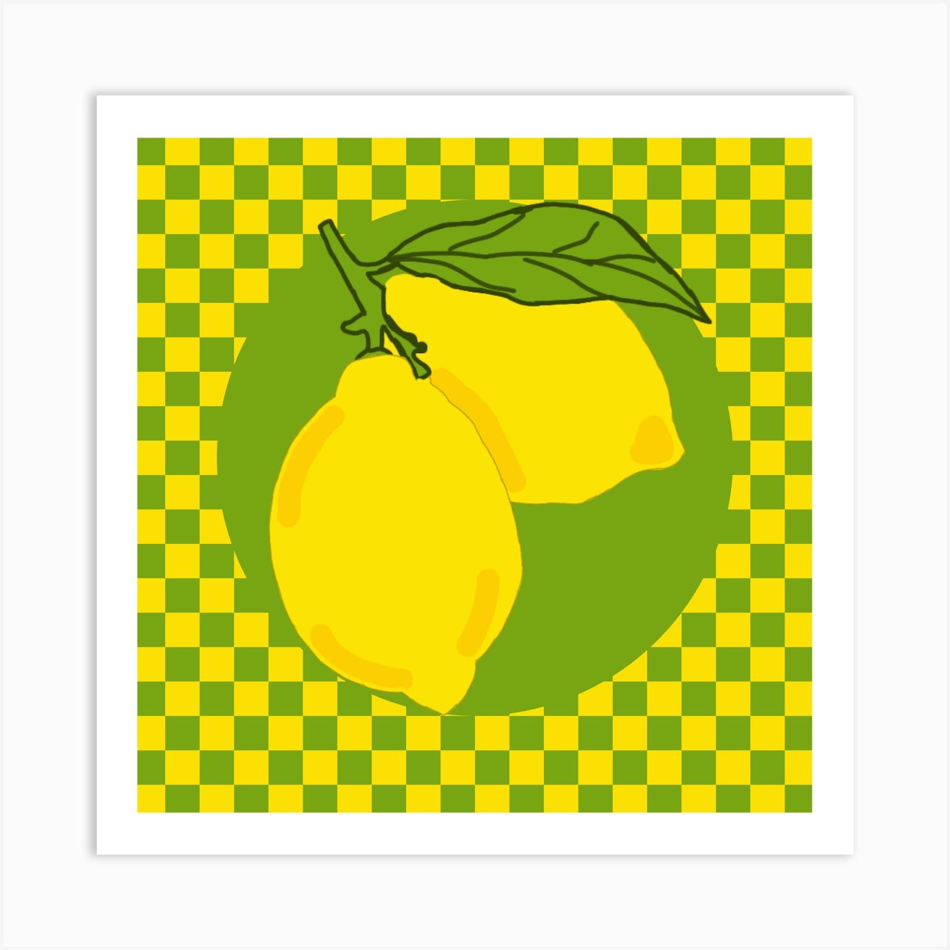 Lemons On A Checkered Background Art Print by Rev Store