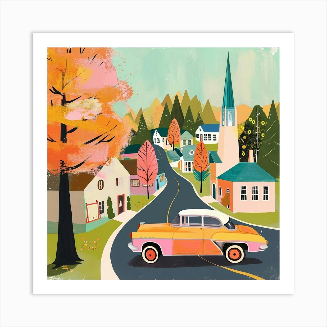 Kitsch Retro Town Illustration 3 Art Print by Bubblegum Kitsch