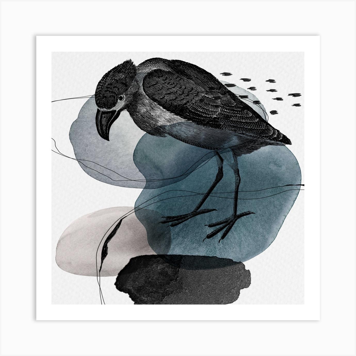Feathered Friends Bird Black & Navy Square Art Print by Hancock Illustrations