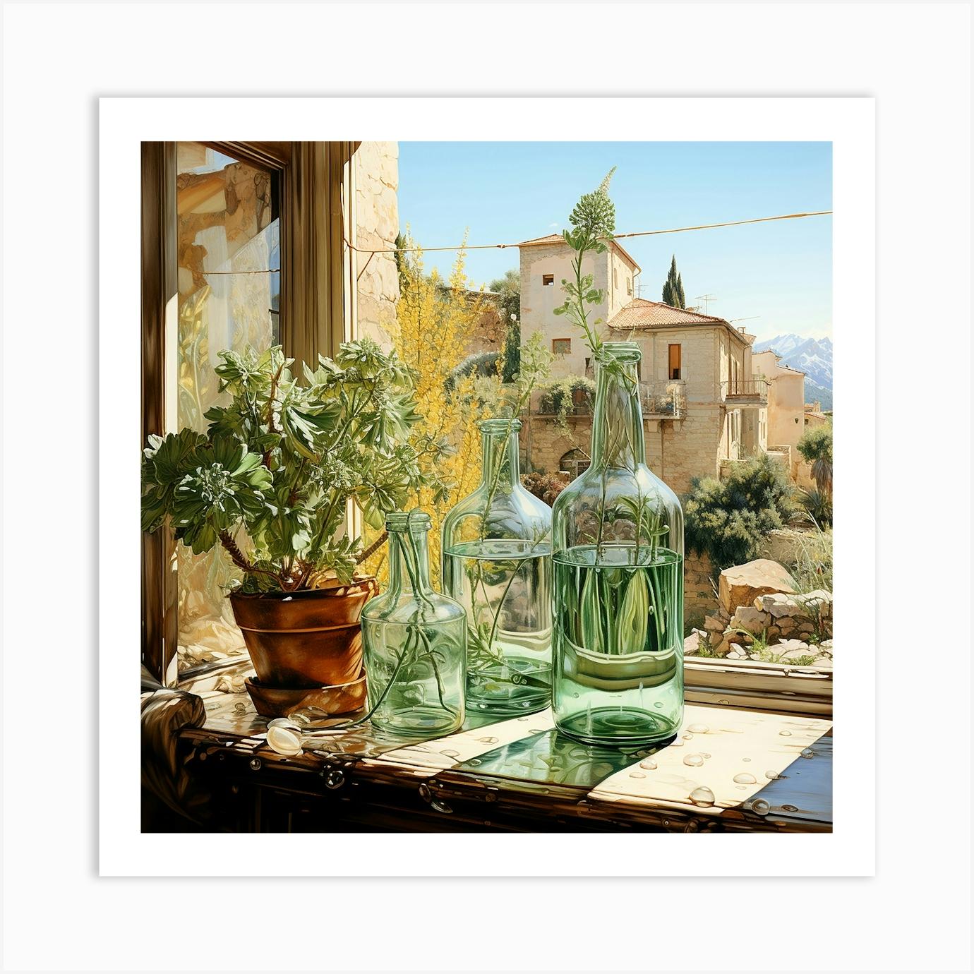 Glass Bottles On A Window Sill Art Print by Artsy Bessy