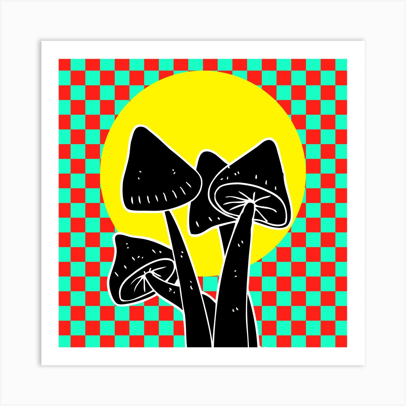 Classic Mushrooms On A Checkered Background Art Print by Rev Store