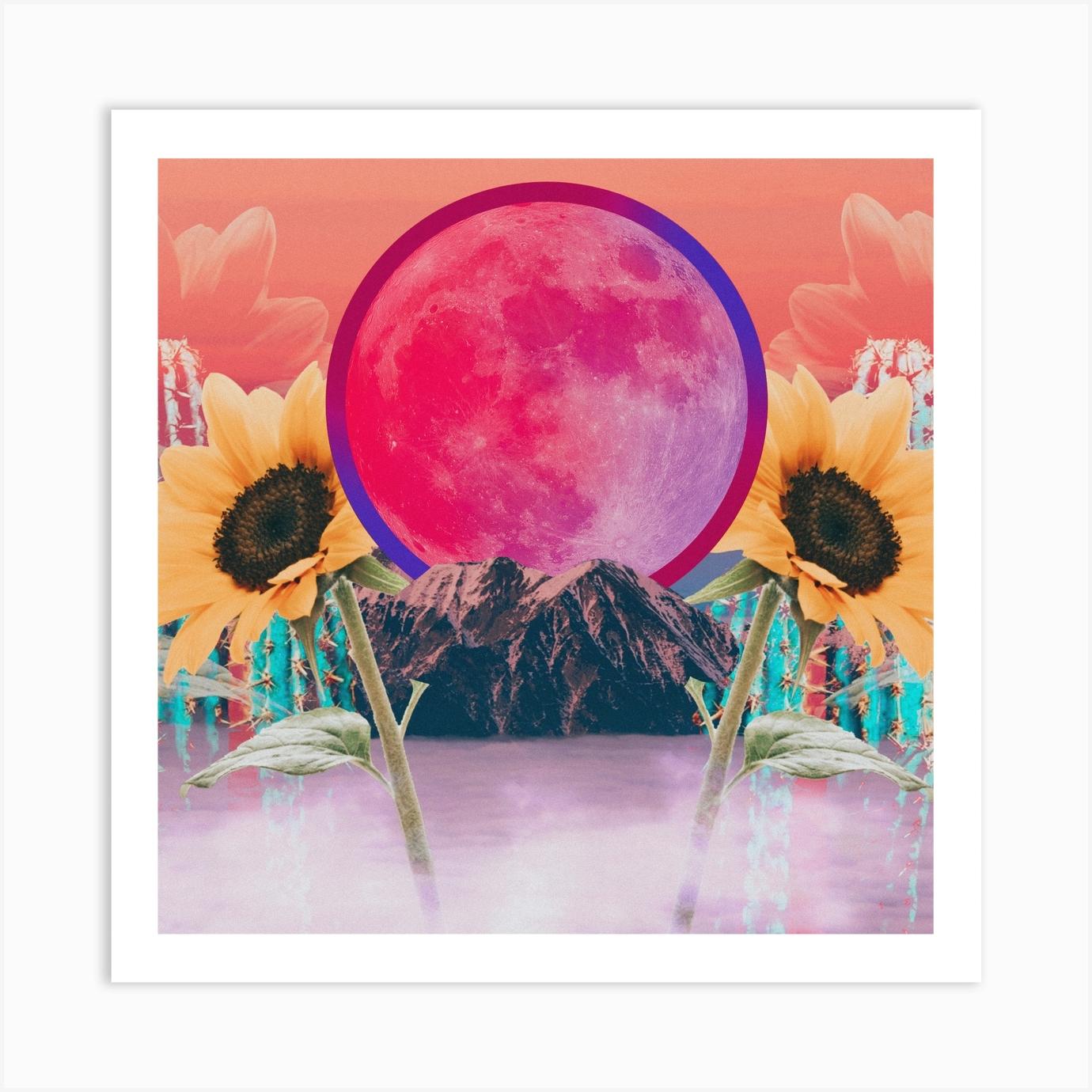 Desert Sunflower Moon Collage Square Art Print by Collage Art by Hana Brenner-Katz
