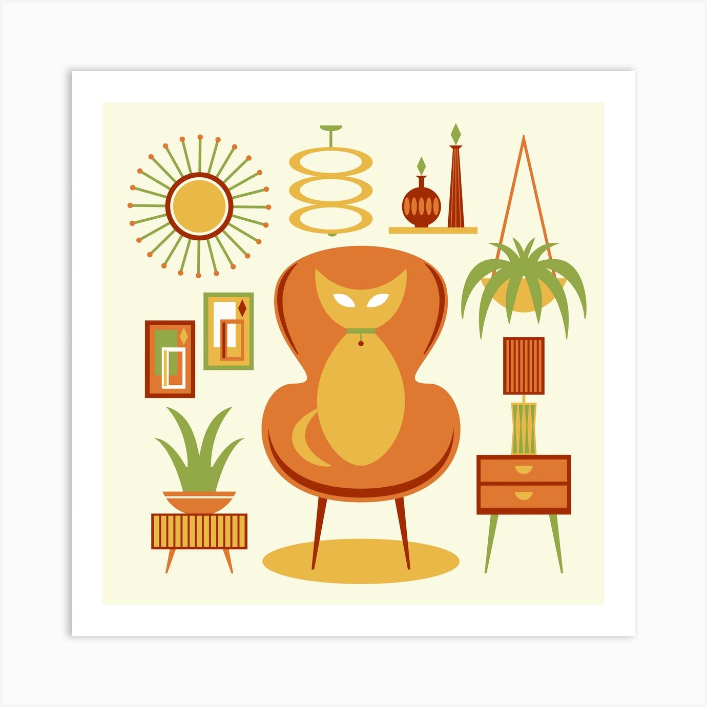 Midcentury Cat with Furniture Illustrated Art Print by Laura Paper Jane