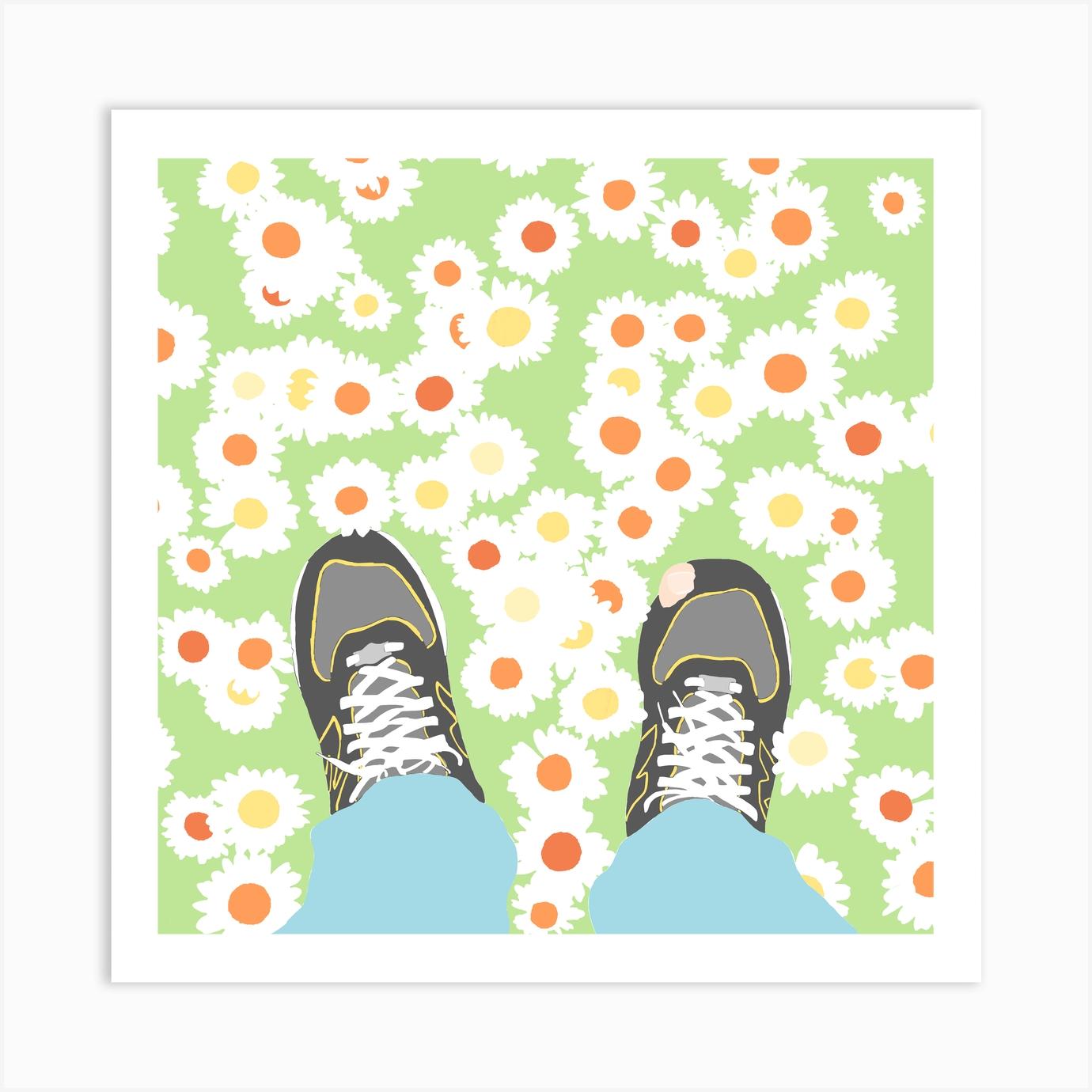 Feet on the ground, flowers, trainers, illustration, wall art Art Print by Boo Cox