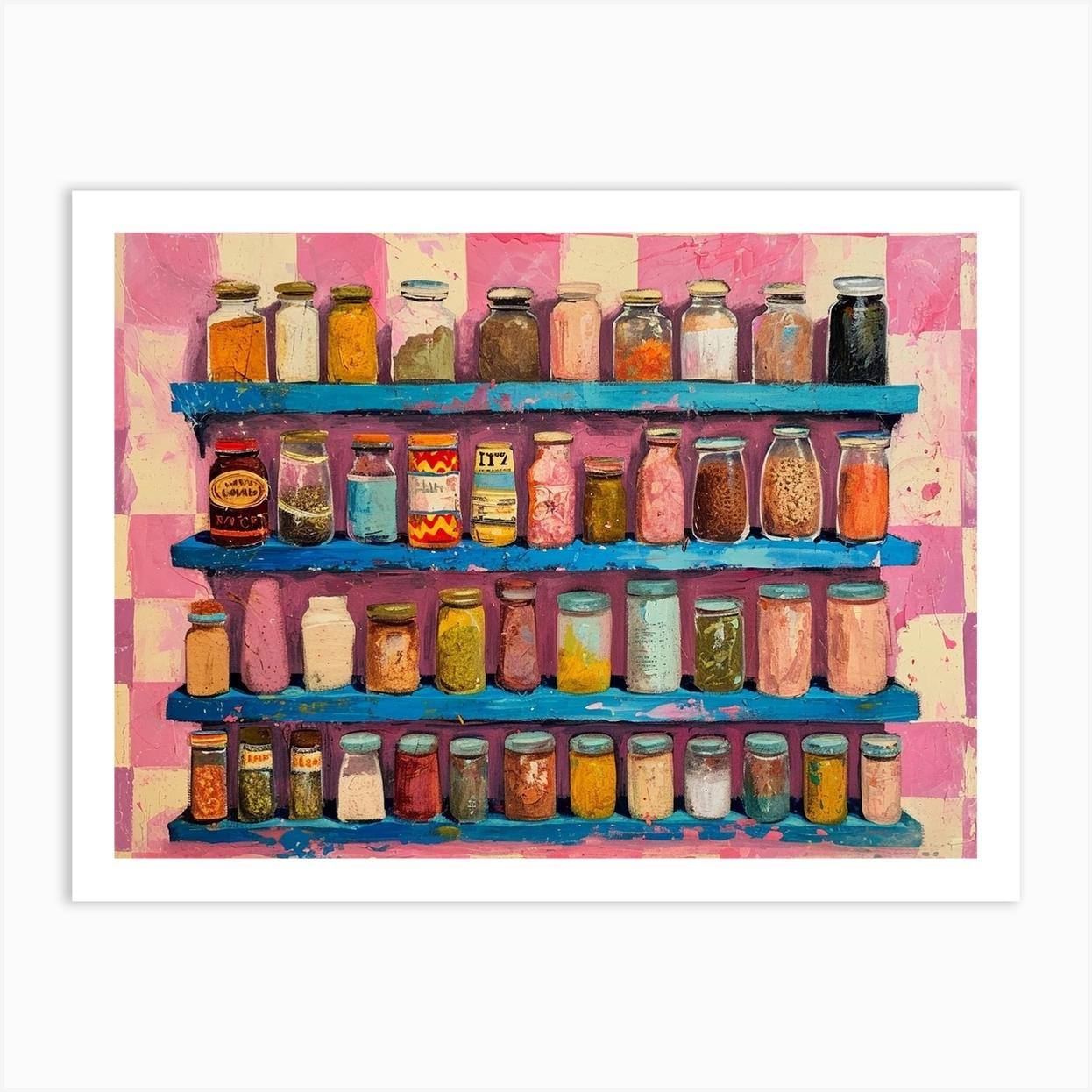 Spices On Shelves Pink Checkerboard 2 Art Print by Artful Appetite