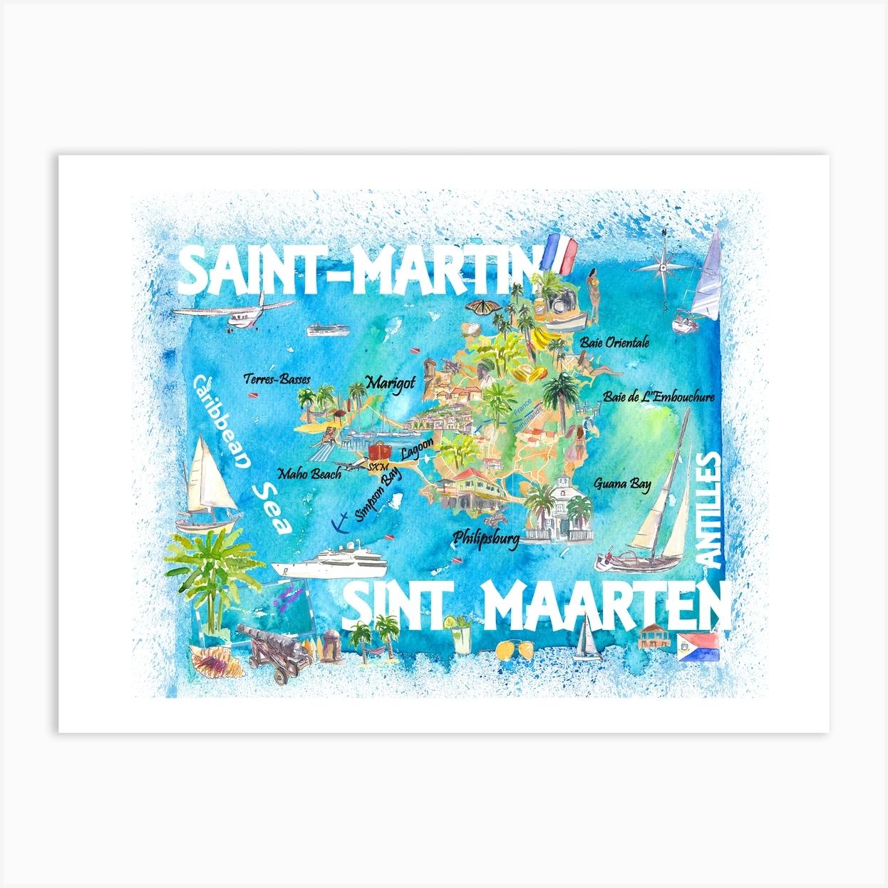 Saint Martin Sint Maarten West Indies Illustrated Travel Map With Roads And Highlights Art Print by Artshop77