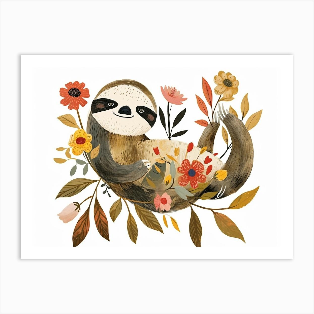 Little Floral Sloth 1 Art Print by Scribble Studio