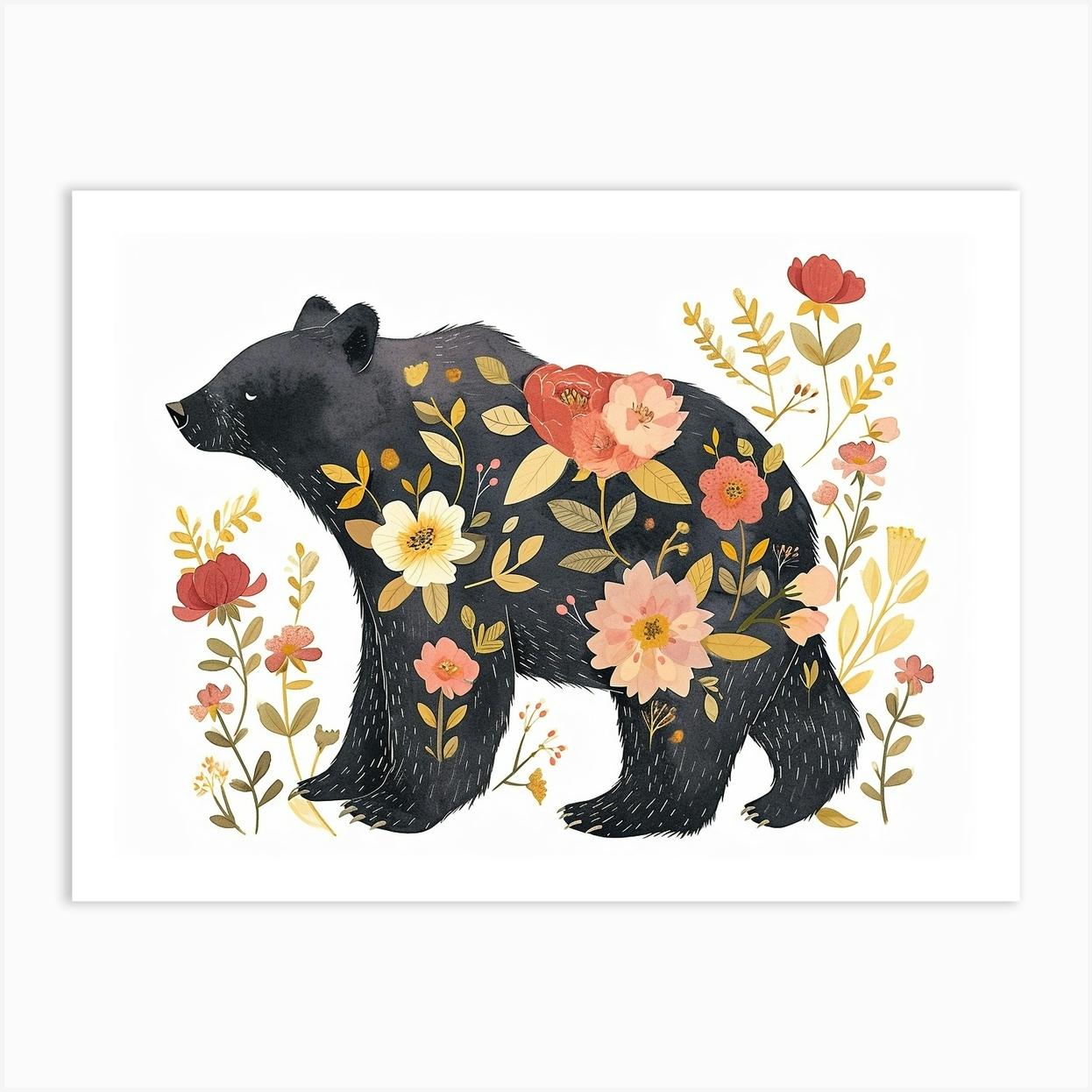Little Floral Black Bear 3 Art Print by Scribble Studio