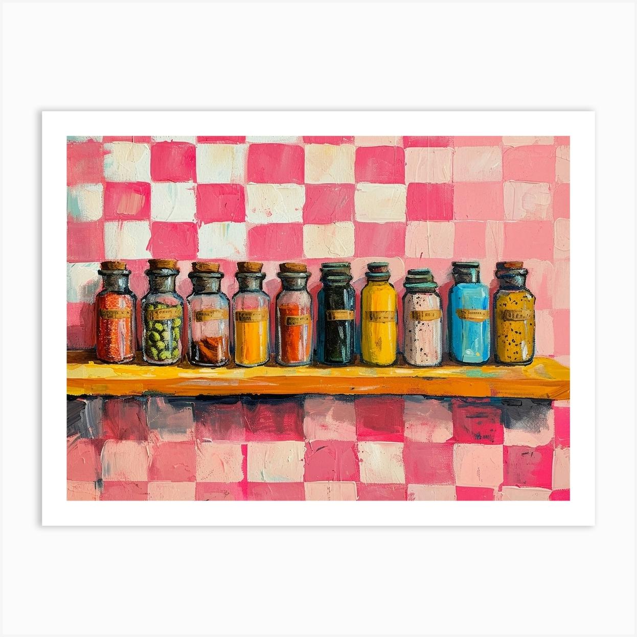 Spices On Shelves Pink Checkerboard 1 Art Print by Artful Appetite