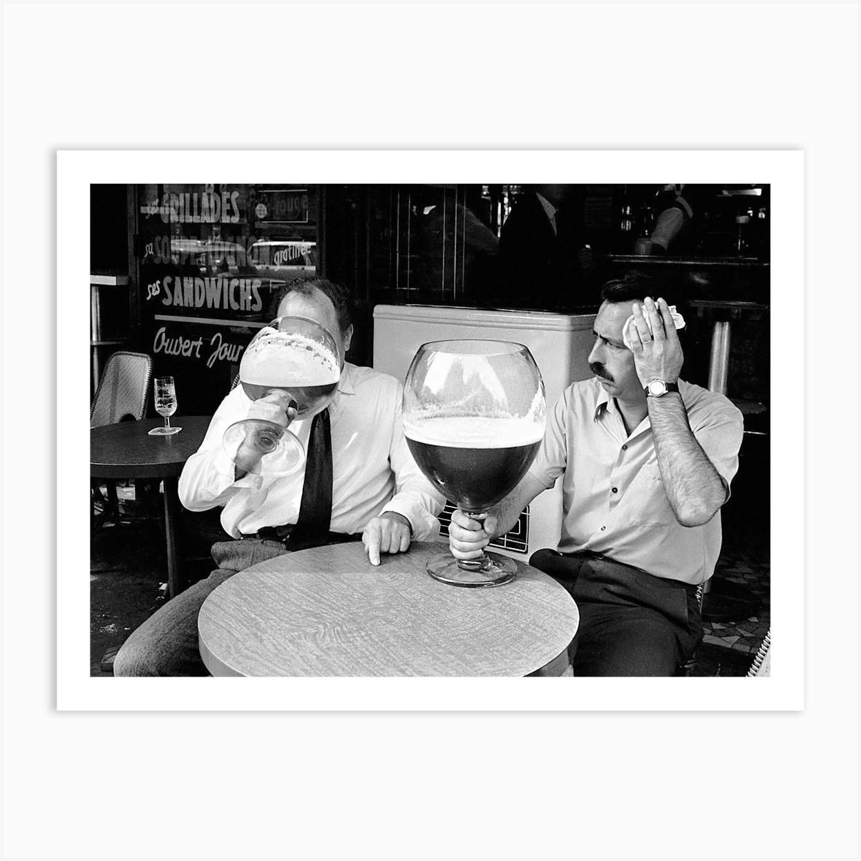 Two Men Drinking Beer From Large Glasses, Black and White, Funny Vintage Old Photo Art Print by Vibrant Vintage