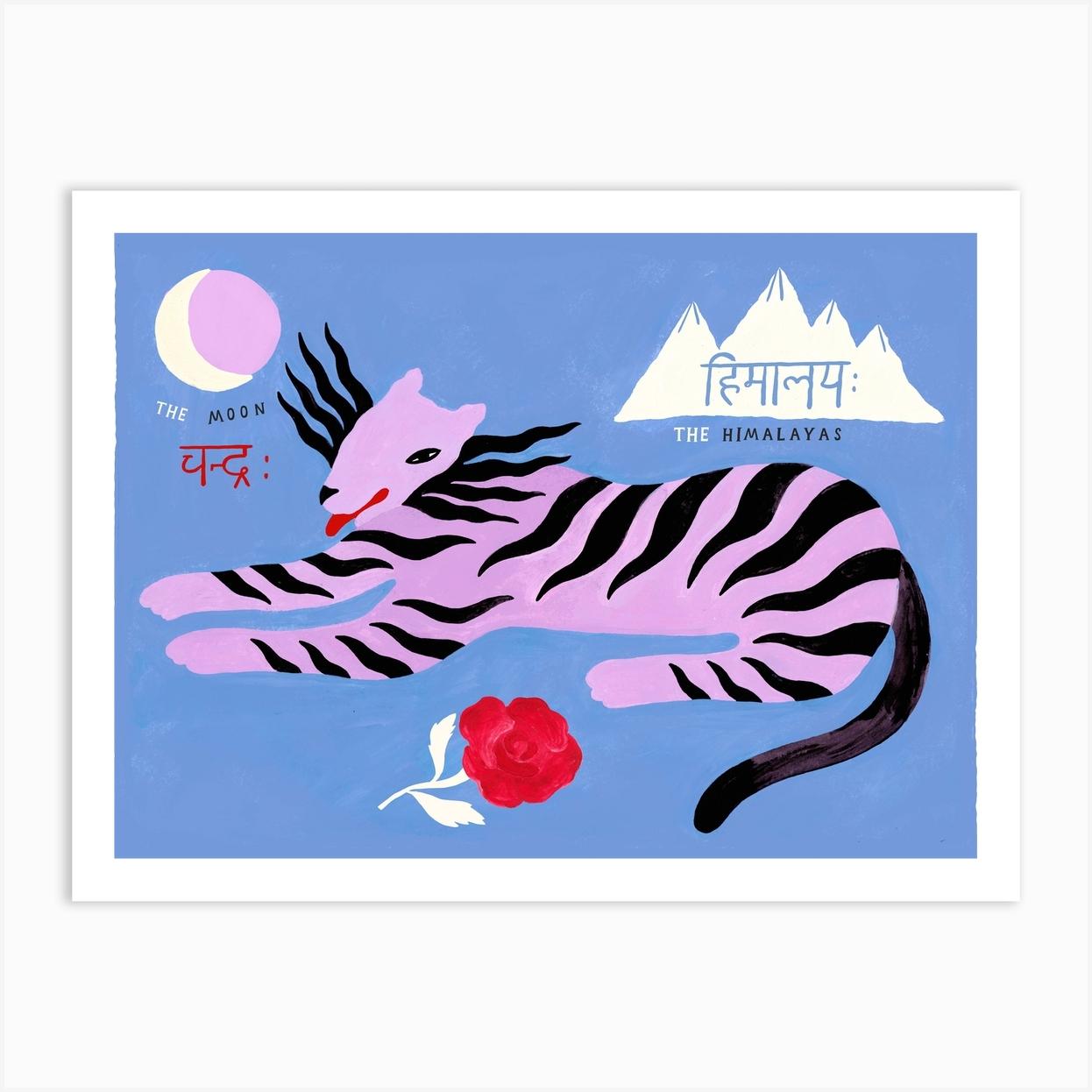 The Mountain Tigres Pink In Blue Art Print by Yoga Art Prints