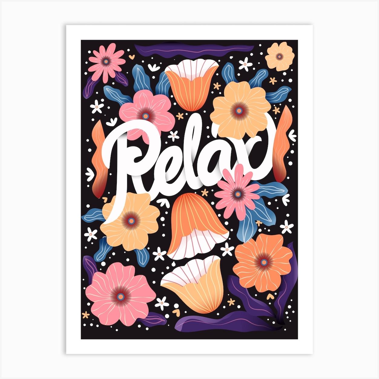 Relax Hand Lettering With Flowers Om Dark Background Square Art Print by BlueLela