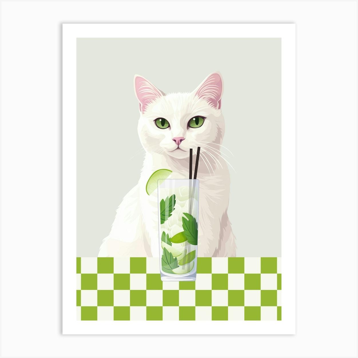 white cat with mojito cocktail art in a girly aesthetic, trendy wall art in green perfect for kitchens, bar carts, coffee bars and living rooms, 50s