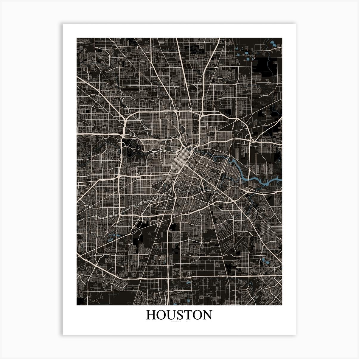 Houston Texas Black Blue Art Print by Mapply