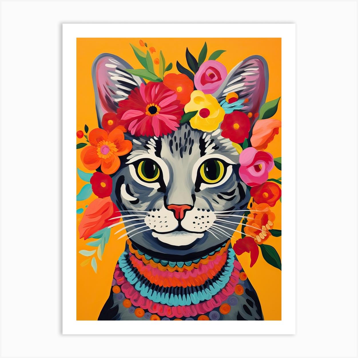 Egyptian Cat With A Flower Crown Painting Matisse Style 2 Art Print by Meowsterpieces