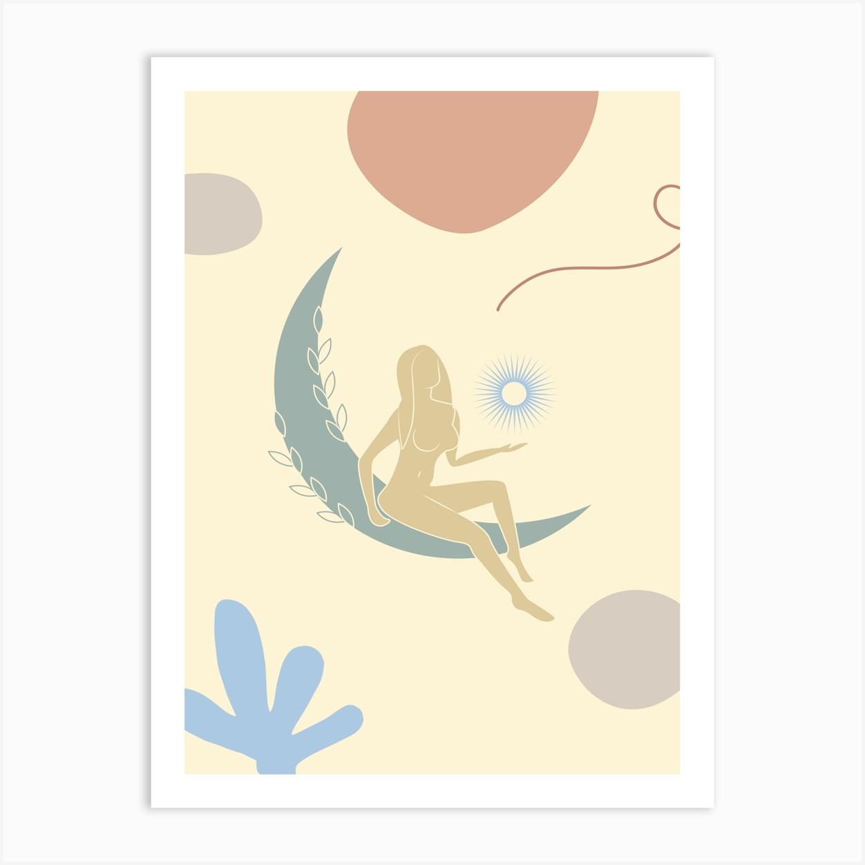 Moon And A Woman. Boho Mystical Girl — boho poster, boho wall art Art Print by Synthwave1950