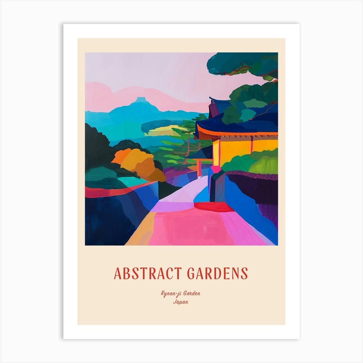 Colourful Gardens Ryoan Ji Garden Japan 5 Red Poster Art Print by Hue Horizons Art Prints
