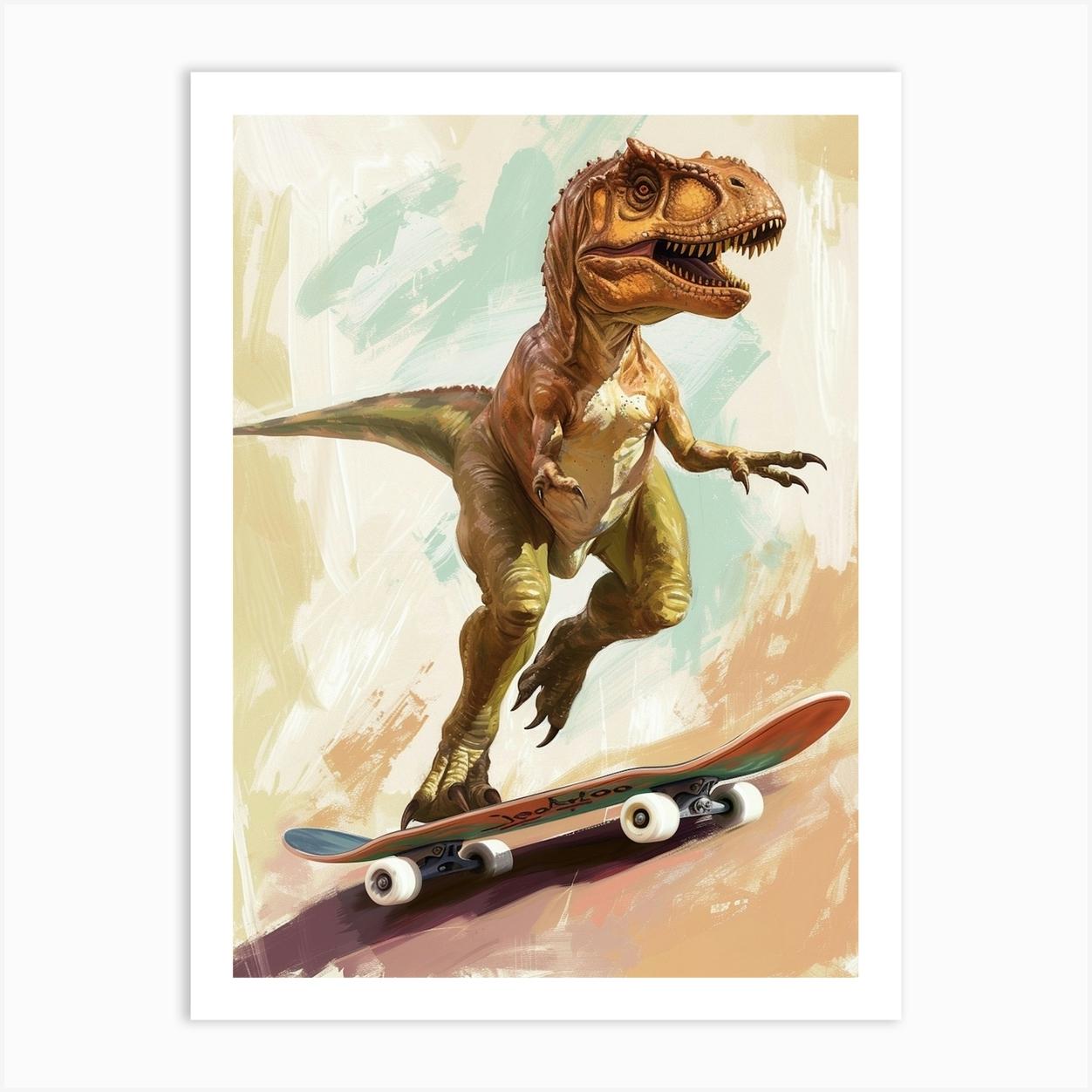 Mustard Tones Dinosaur On A Skateboard 2 Póster