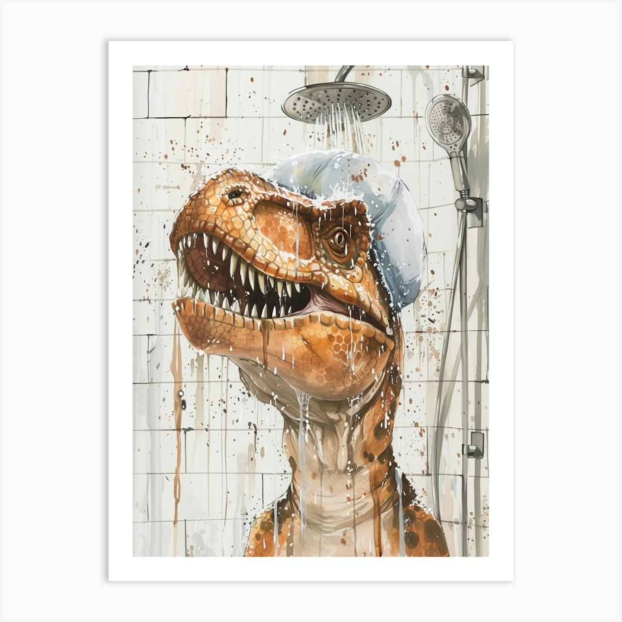 Dinosaur Taking A Shower In A Shower Cap Dripping Paint Art Print by Dino Delights