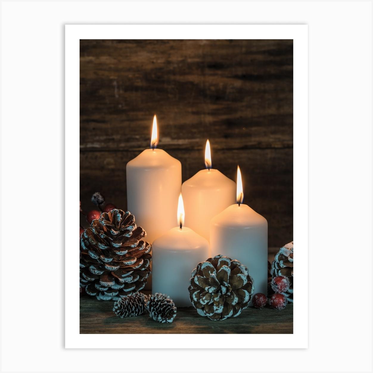 Christmas Candles On A Wooden Table Art Print by imagine