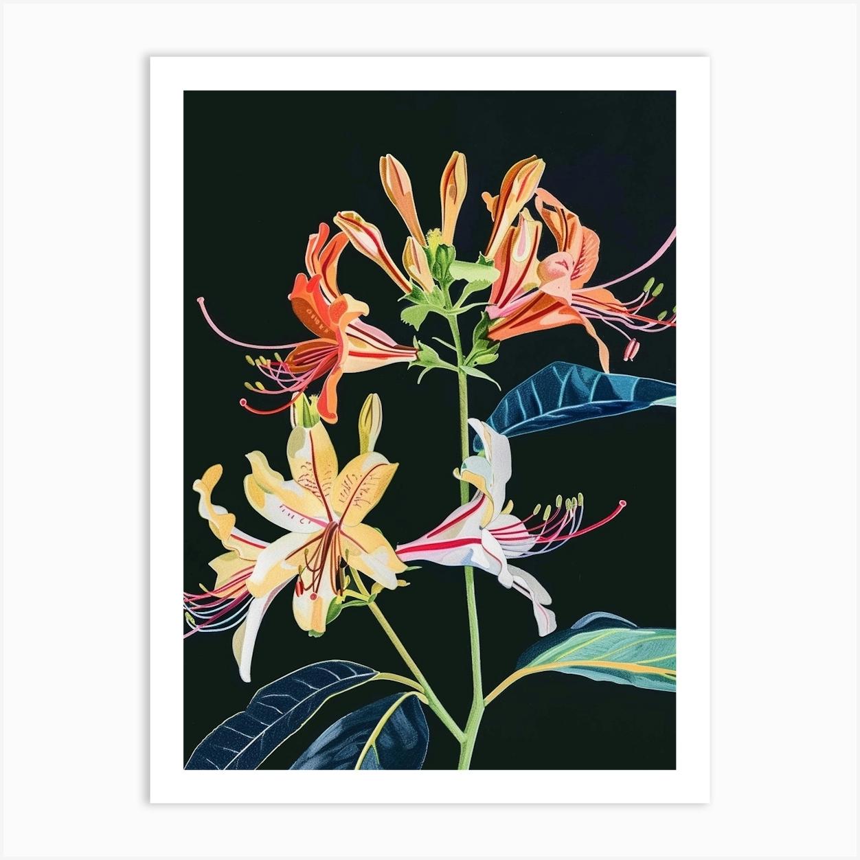 Neon Flowers On Black Honeysuckle 1 Art Print by Botanic Studio