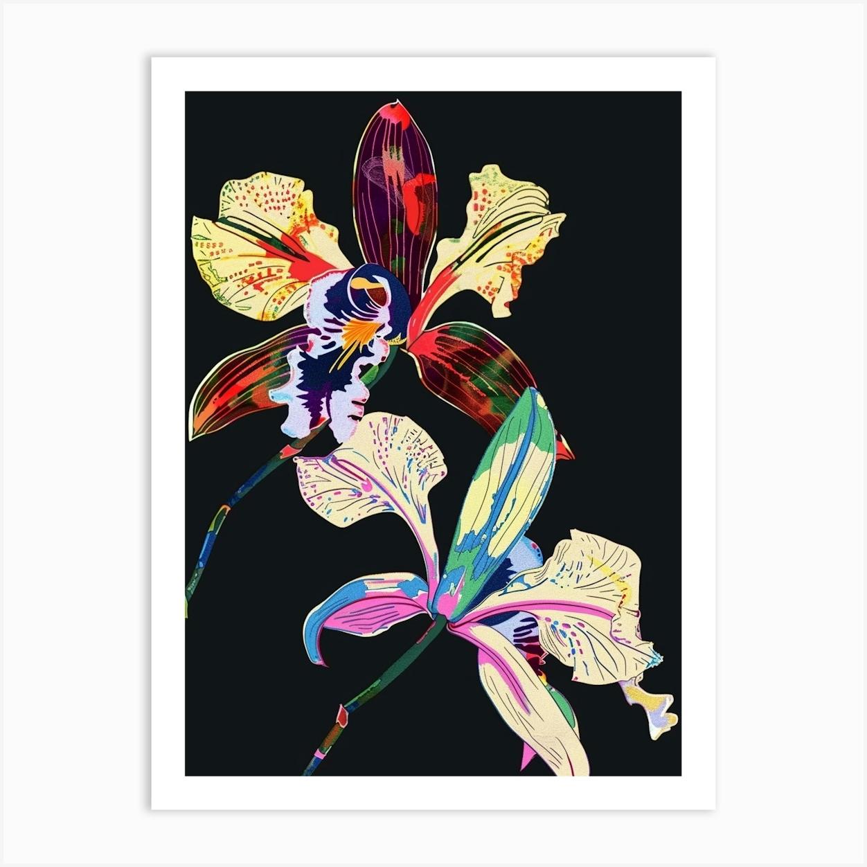 Neon Flowers On Black Orchid 4 Art Print by Botanic Studio
