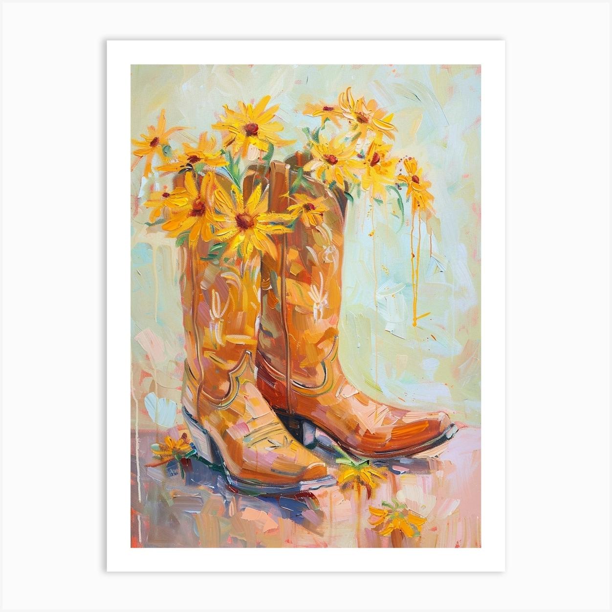 Cowboy Boots And Wildflowers Brown Eyed Susans Art Print by The Western Collection