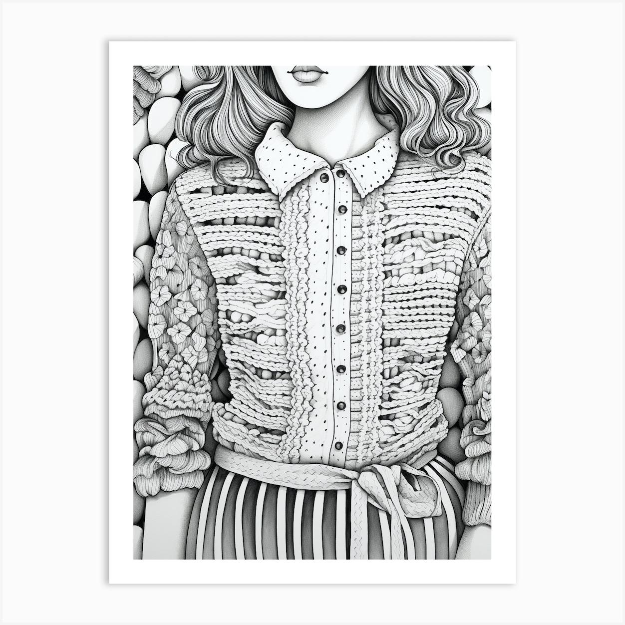 Crochet Cardigan Black And White Illustration Art Print by Crafty Crochet Studio